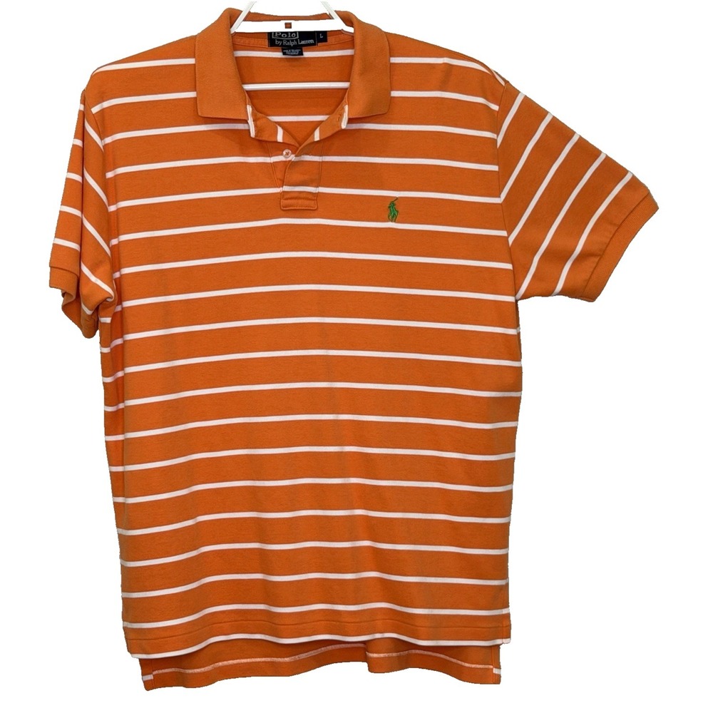 Polo Ralph Lauren Polo Shirt Mens Large Orange Stripe Short Sleeve Pony Logo